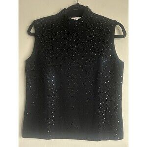 ST. JOHN Navy Black Santana Sparkle Knit Tank Top S Small Mock Neck Zip Vintage